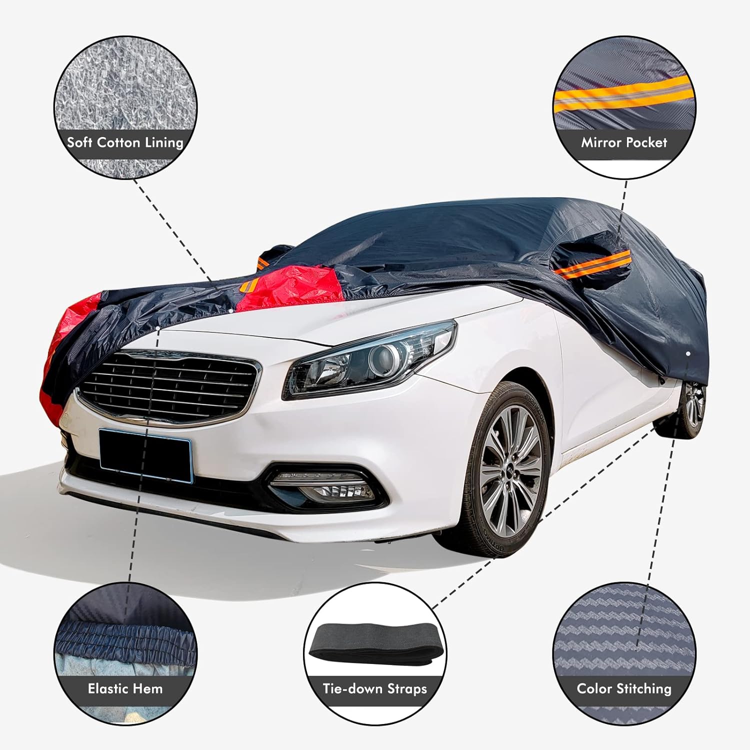 Car Cover Waterproof All Weather for Automobiles, 6 Layers Outdoor Full Exterior Cover Rain Sun UV Snowproof Protection with Zipper Cotton, Mirror Pocket for Sedan (190-195 inch) - Image 3