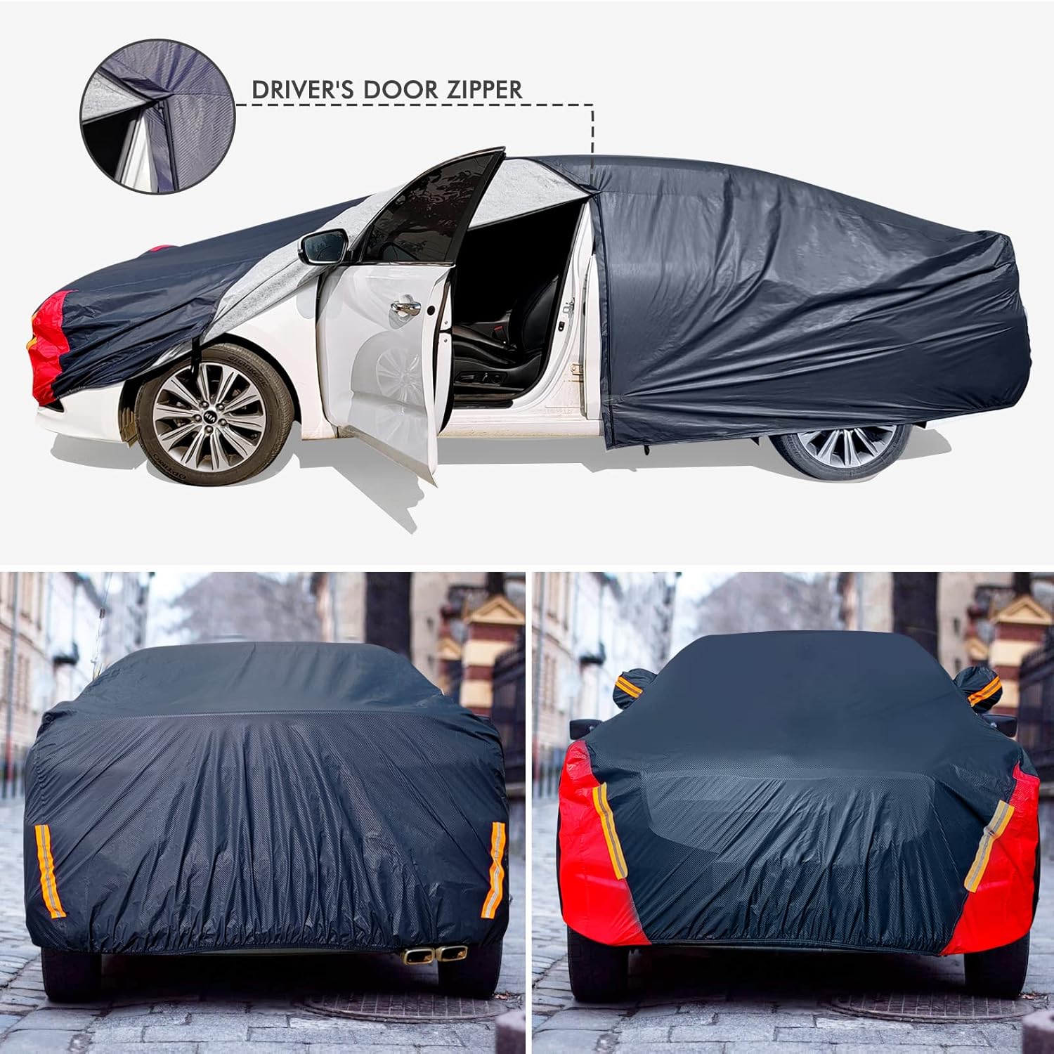 Car Cover Waterproof All Weather for Automobiles, 6 Layers Outdoor Full Exterior Cover Rain Sun UV Snowproof Protection with Zipper Cotton, Mirror Pocket for Sedan (190-195 inch) - Image 6