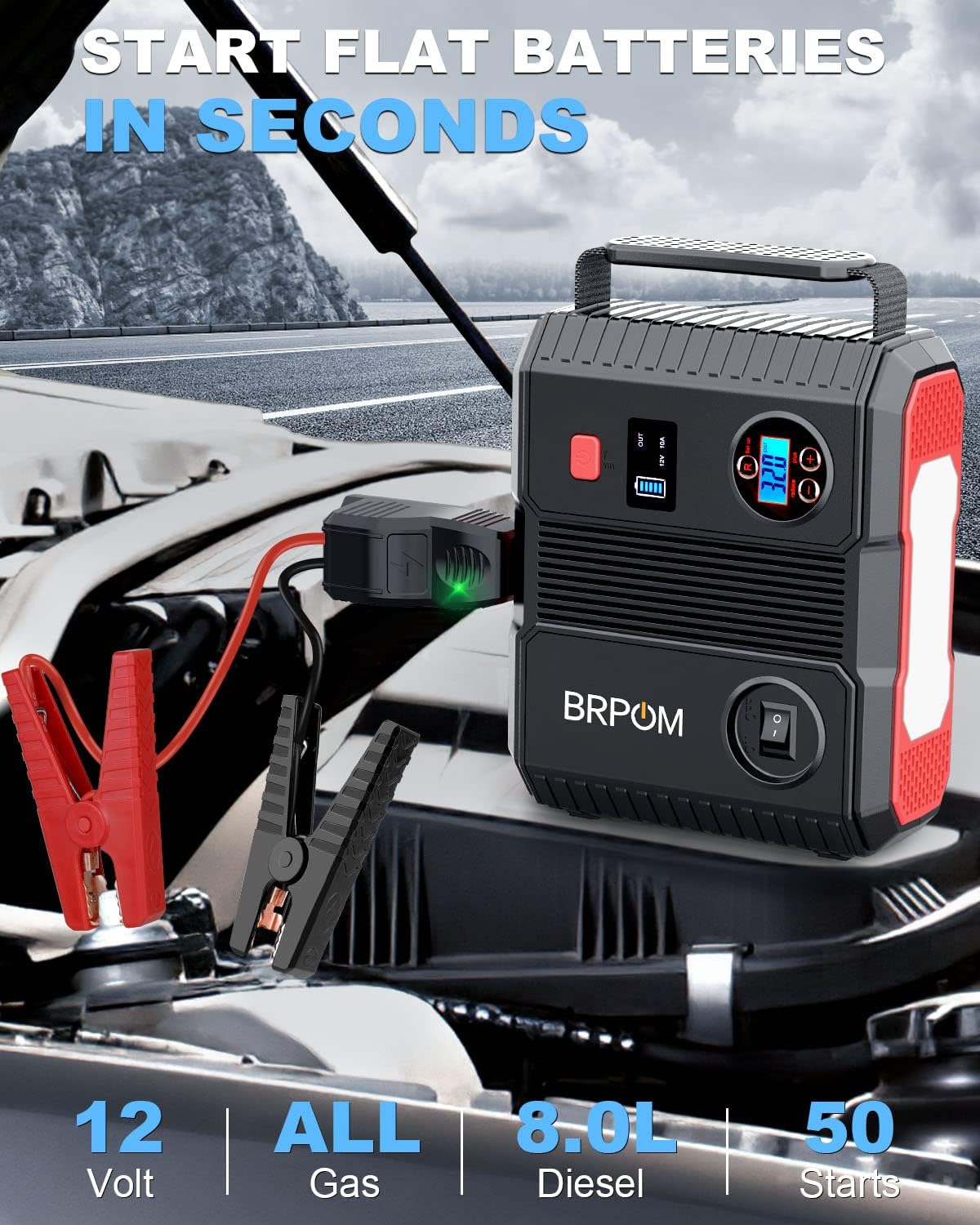 Car Jump Starter with Air Compressor, 150PSI 6000A Peak 24000mah (Up to All Gas or 8.0L Diesel Engine, 50 Times) Portable Jump Starter 12V Auto Battery Jump Pack QC 3.0 with 160W DC Out - Image 2