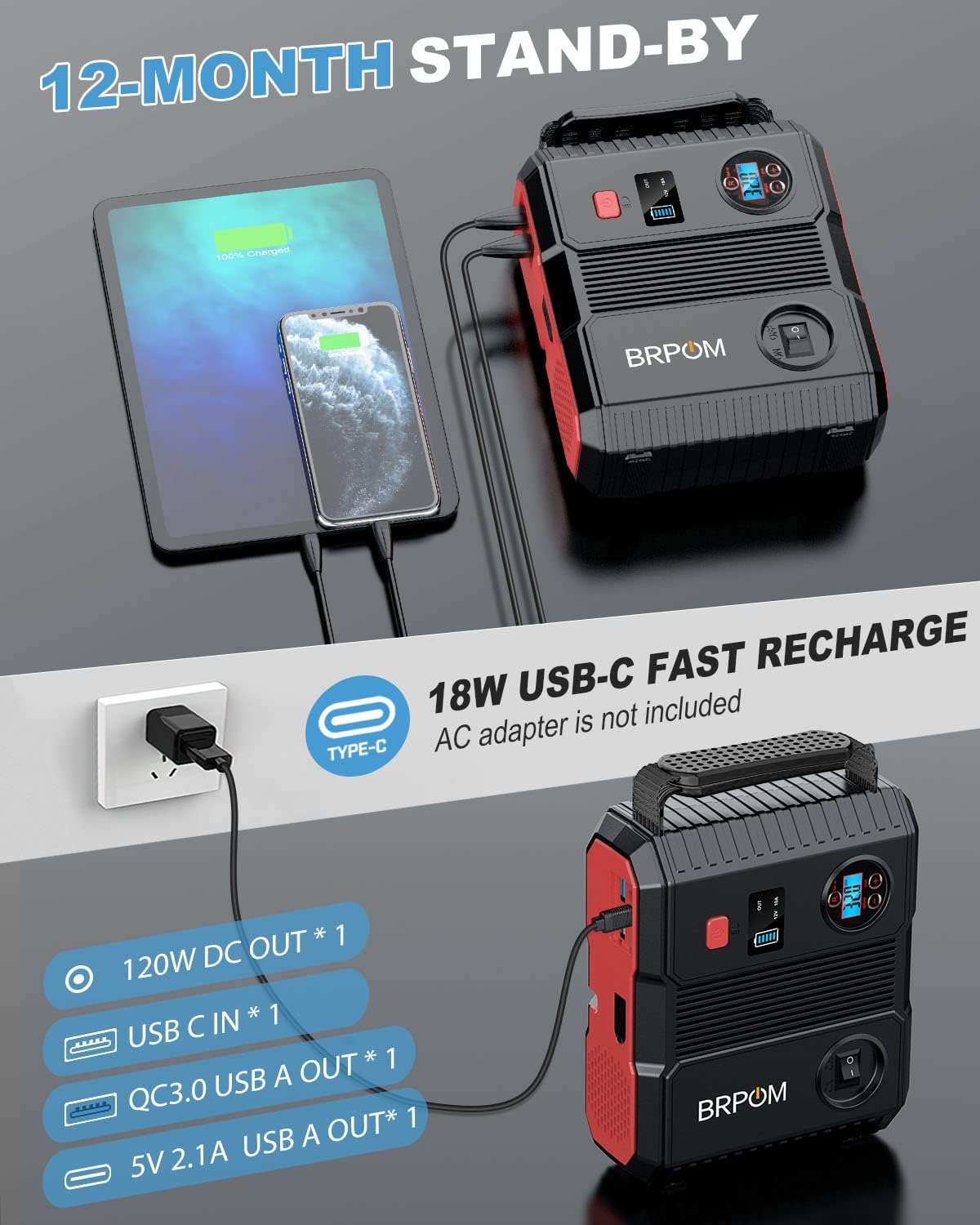 Car Jump Starter with Air Compressor, 150PSI 6000A Peak 24000mah (Up to All Gas or 8.0L Diesel Engine, 50 Times) Portable Jump Starter 12V Auto Battery Jump Pack QC 3.0 with 160W DC Out - Image 3