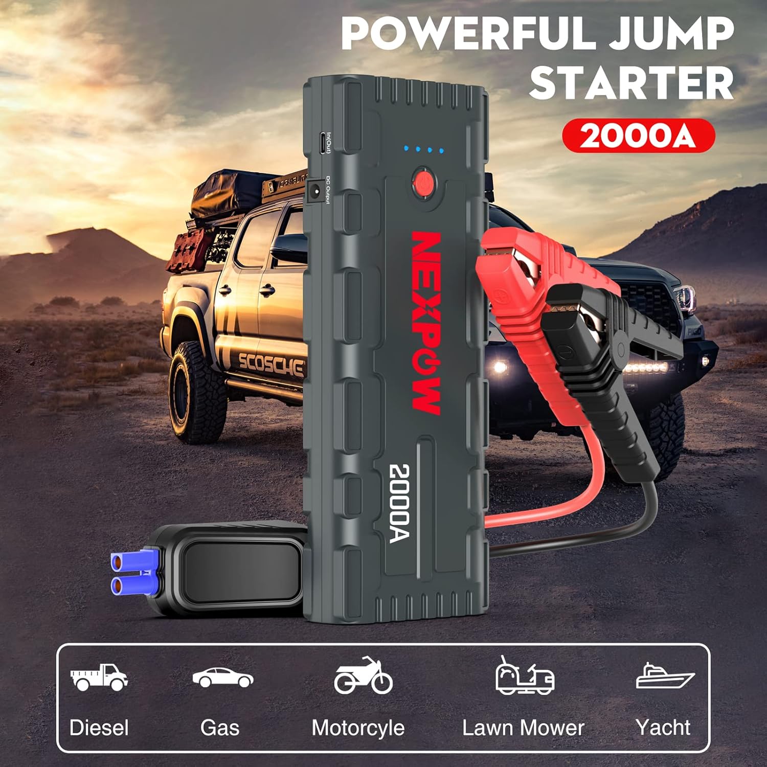 NEXPOW 2000A Peak Car Jump Starter with USB Quick Charge 3.0 (Up to 7.0L Gas or 6.5L Diesel Engine), 12V Portable Jump Box, Battery Booster with Built-in LED Light - Image 2
