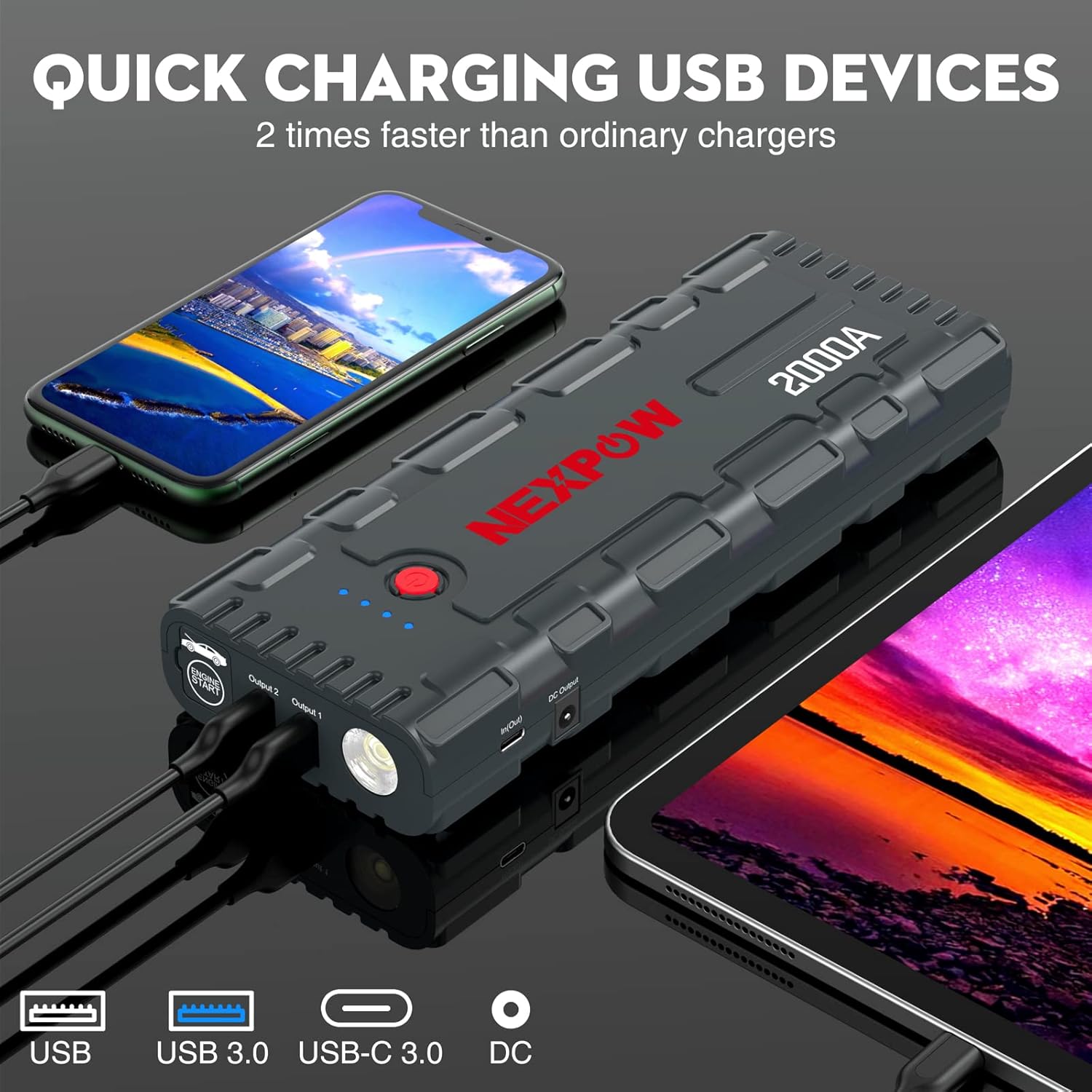 NEXPOW 2000A Peak Car Jump Starter with USB Quick Charge 3.0 (Up to 7.0L Gas or 6.5L Diesel Engine), 12V Portable Jump Box, Battery Booster with Built-in LED Light - Image 3