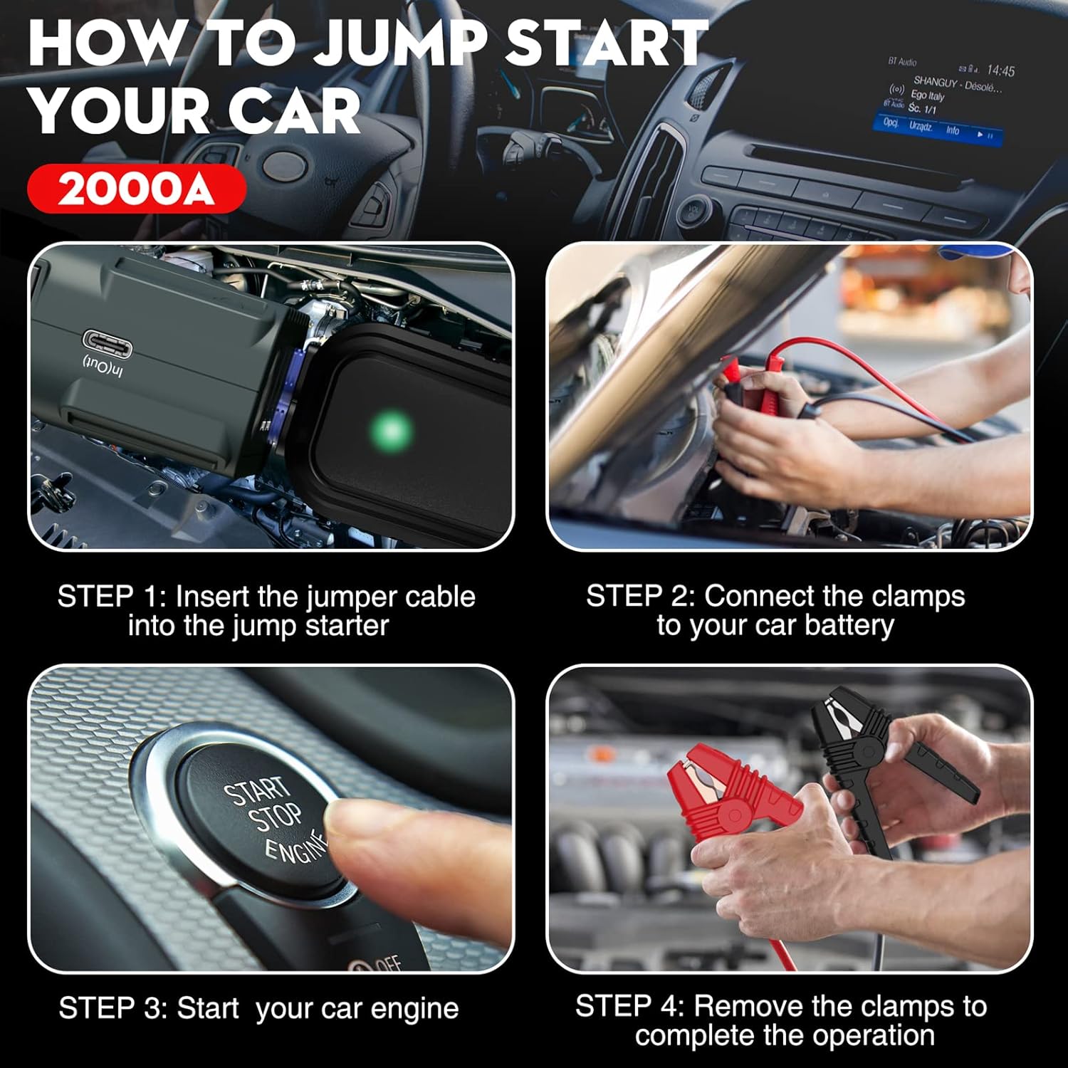 NEXPOW 2000A Peak Car Jump Starter with USB Quick Charge 3.0 (Up to 7.0L Gas or 6.5L Diesel Engine), 12V Portable Jump Box, Battery Booster with Built-in LED Light - Image 4