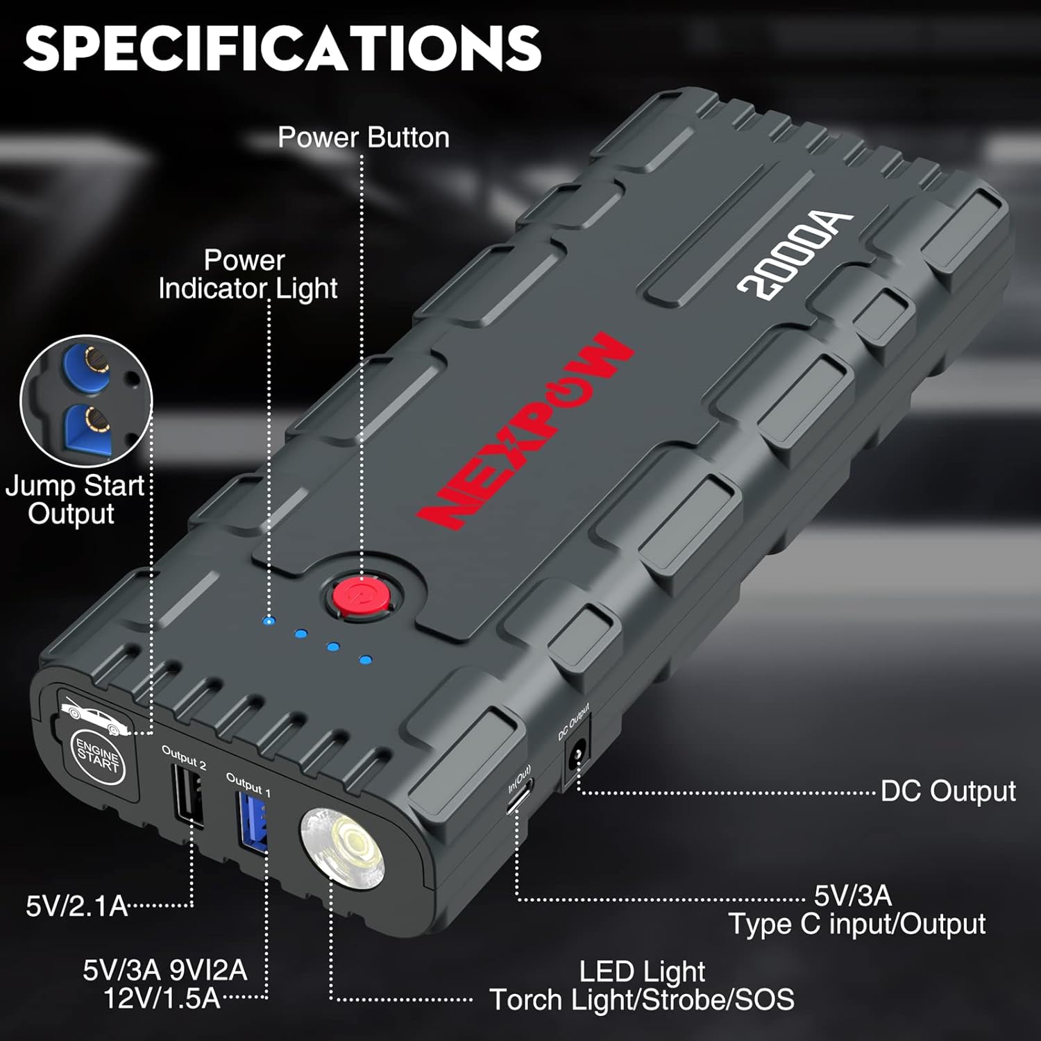 NEXPOW 2000A Peak Car Jump Starter with USB Quick Charge 3.0 (Up to 7.0L Gas or 6.5L Diesel Engine), 12V Portable Jump Box, Battery Booster with Built-in LED Light - Image 5
