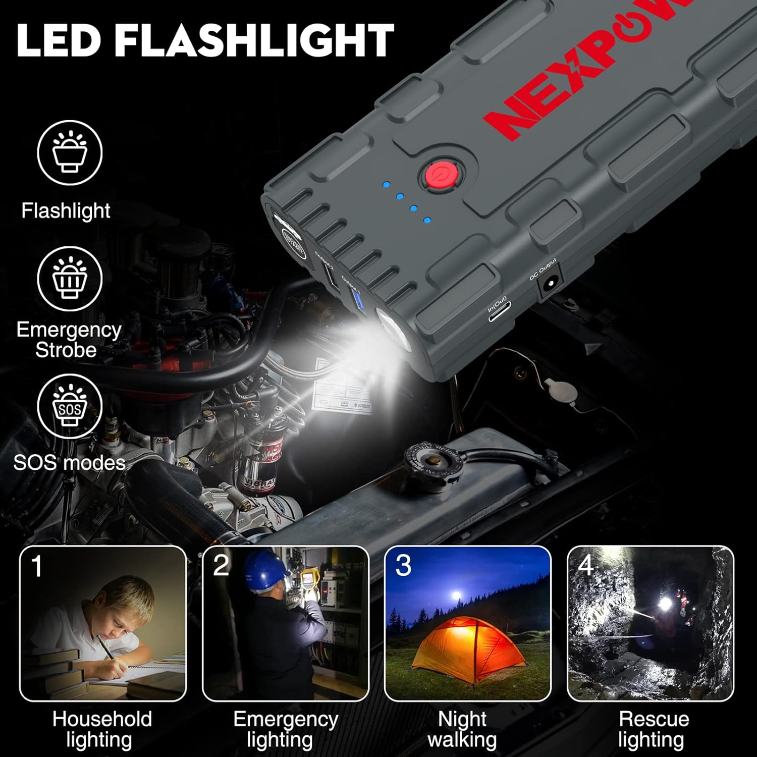 NEXPOW 2000A Peak Car Jump Starter with USB Quick Charge 3.0 (Up to 7.0L Gas or 6.5L Diesel Engine), 12V Portable Jump Box, Battery Booster with Built-in LED Light - Image 6