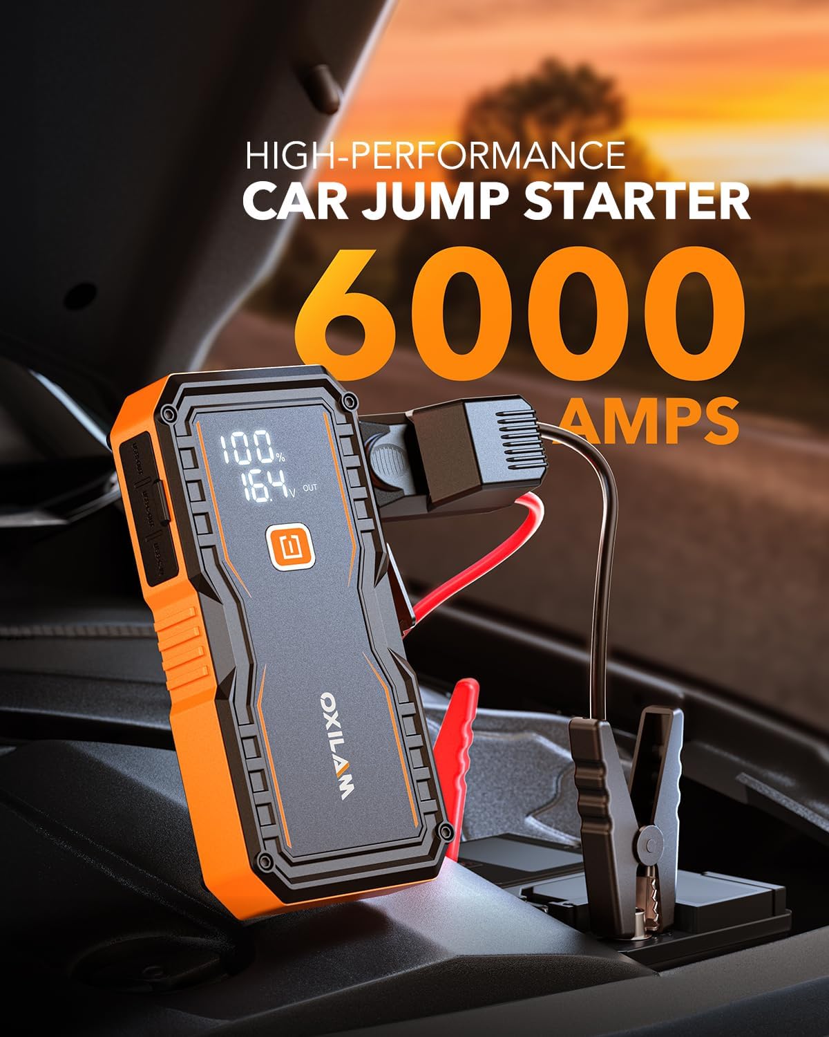 OXILAM Jump Starter 6000A for All Gas/12L Diesel, Car Battery Jumper Starter Portable, 12V Lithium Jump Box with Jumper Cables, LED Display, LED Light, Power Bank with USB, Type C Port - Image 2