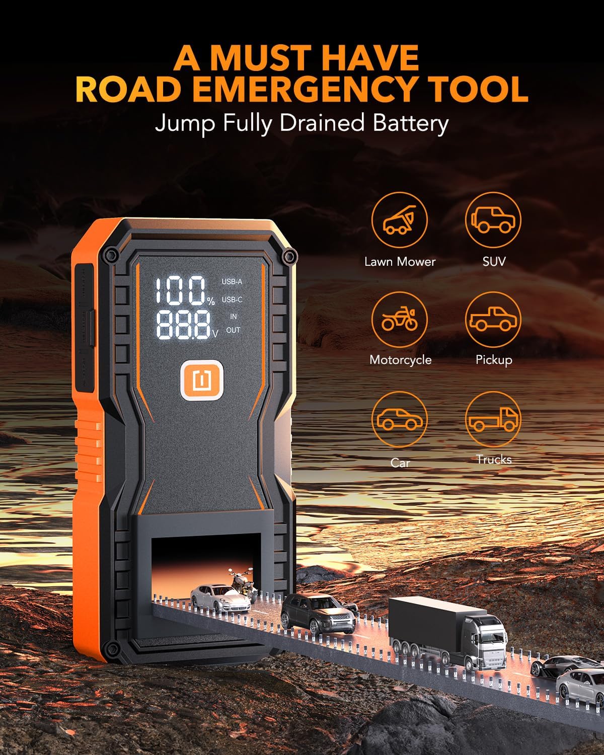 OXILAM Jump Starter 6000A for All Gas/12L Diesel, Car Battery Jumper Starter Portable, 12V Lithium Jump Box with Jumper Cables, LED Display, LED Light, Power Bank with USB, Type C Port - Image 3