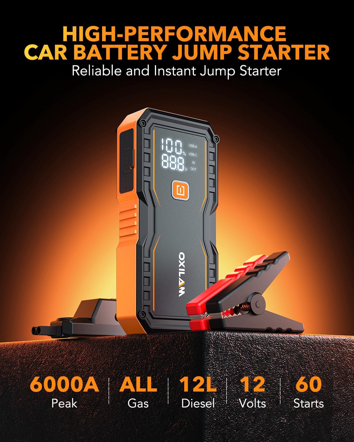 OXILAM Jump Starter 6000A for All Gas/12L Diesel, Car Battery Jumper Starter Portable, 12V Lithium Jump Box with Jumper Cables, LED Display, LED Light, Power Bank with USB, Type C Port - Image 4