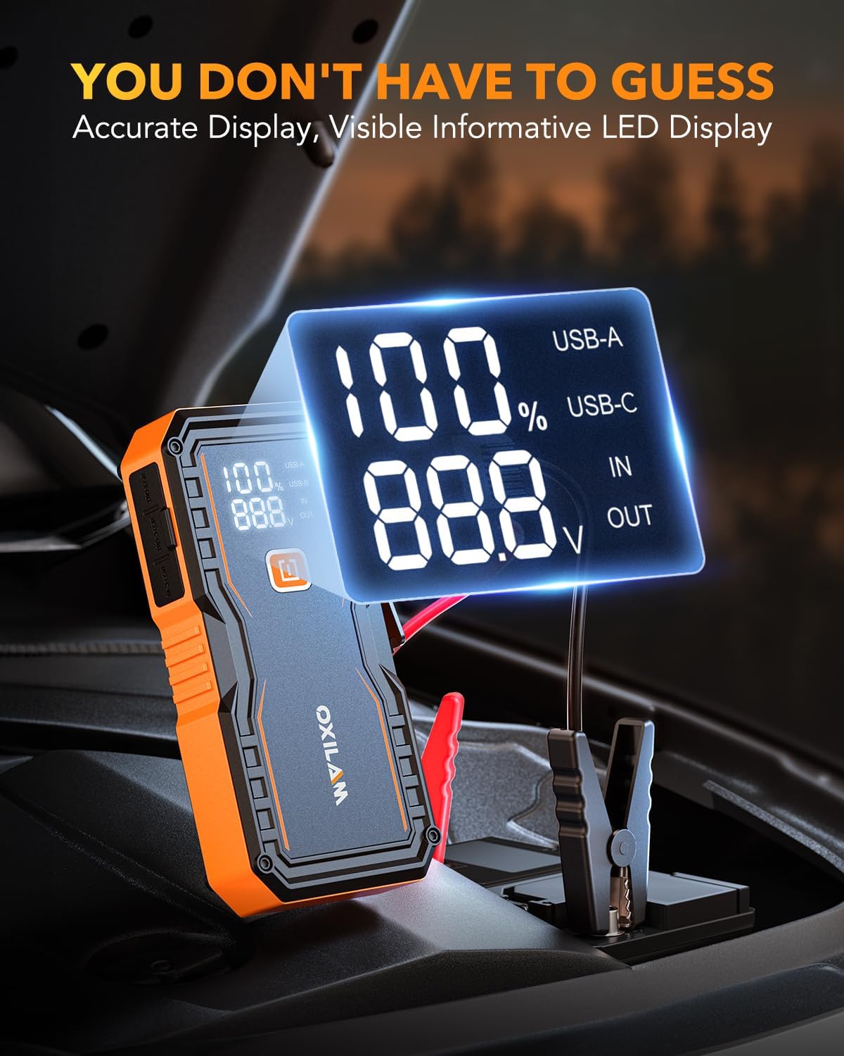 OXILAM Jump Starter 6000A for All Gas/12L Diesel, Car Battery Jumper Starter Portable, 12V Lithium Jump Box with Jumper Cables, LED Display, LED Light, Power Bank with USB, Type C Port - Image 8
