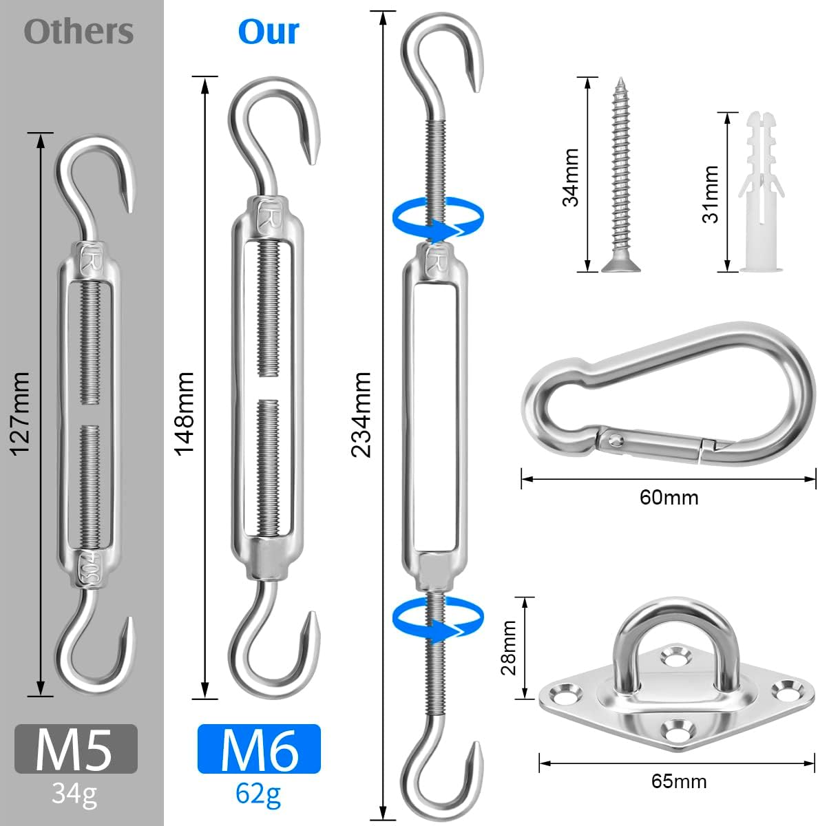 Sun Shade Sail Hardware Kit 6 Inch for Rectangle & Triangle Shade Sail Install, Stainless Steel Shade Sail Fixing Accessories for Outdoor Patio Canopy Garden, Heavy Duty Awning Attachment Set (44 Pcs) - Image 2