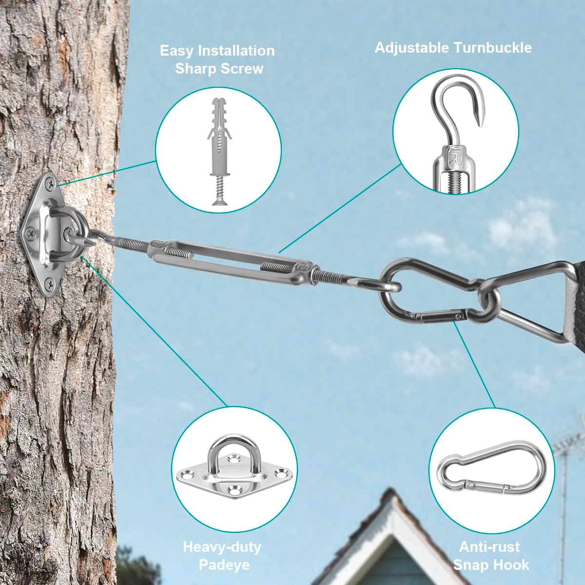 Sun Shade Sail Hardware Kit 6 Inch for Rectangle & Triangle Shade Sail Install, Stainless Steel Shade Sail Fixing Accessories for Outdoor Patio Canopy Garden, Heavy Duty Awning Attachment Set (44 Pcs) - Image 3