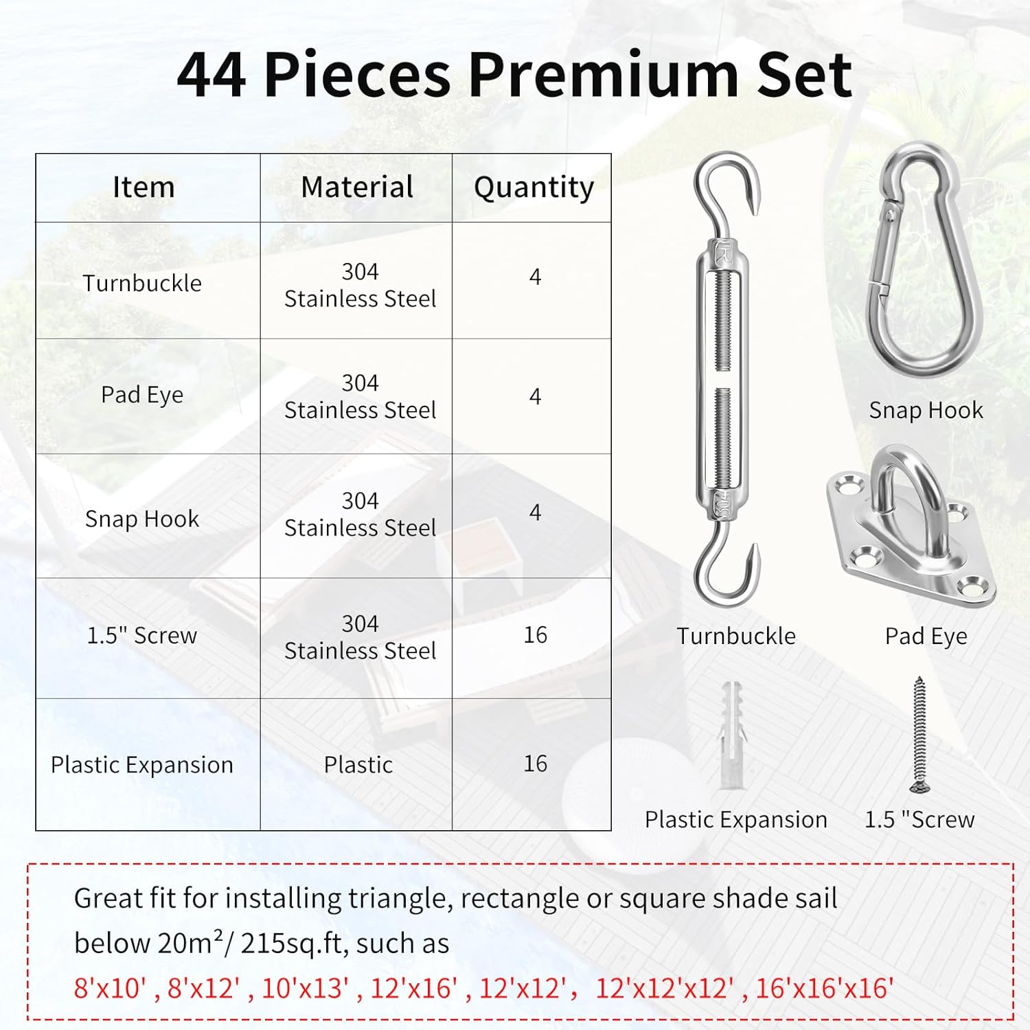 Sun Shade Sail Hardware Kit 6 Inch for Rectangle & Triangle Shade Sail Install, Stainless Steel Shade Sail Fixing Accessories for Outdoor Patio Canopy Garden, Heavy Duty Awning Attachment Set (44 Pcs) - Image 6